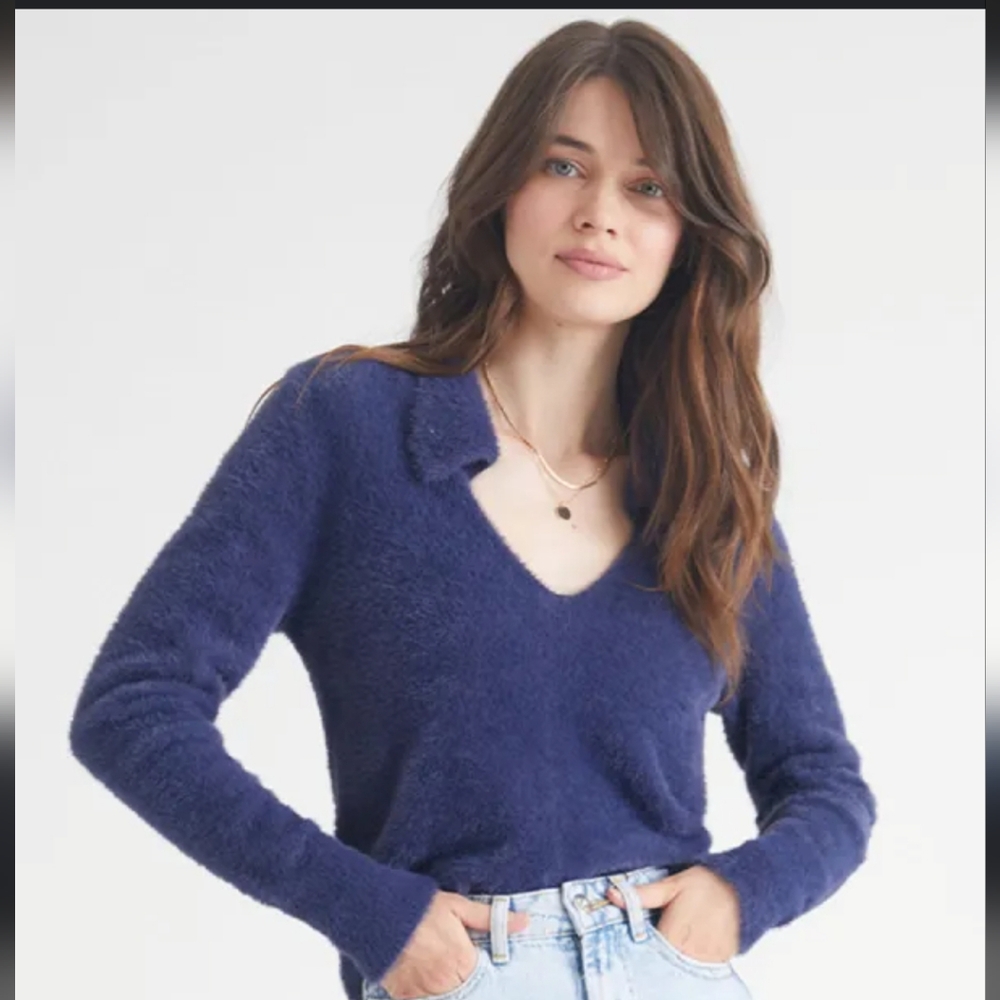 525 AMERICATeddy Johnny Polo Collar Pullover Cozy Blue Very Soft Sweater
